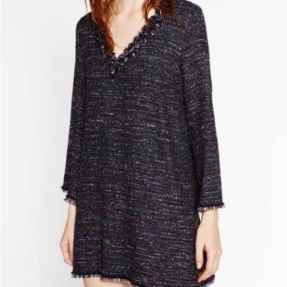 Zara Tweed Fringe Black Tunic Dress Small Bell Sleeves Deep V Neck Stich Colors